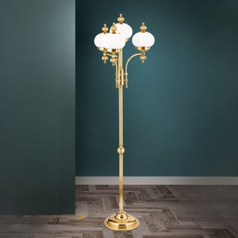 Stehlampe WIENER NOSTALGIE, 4-flammig, Messing-glänzend, mit opal matten Gläsern