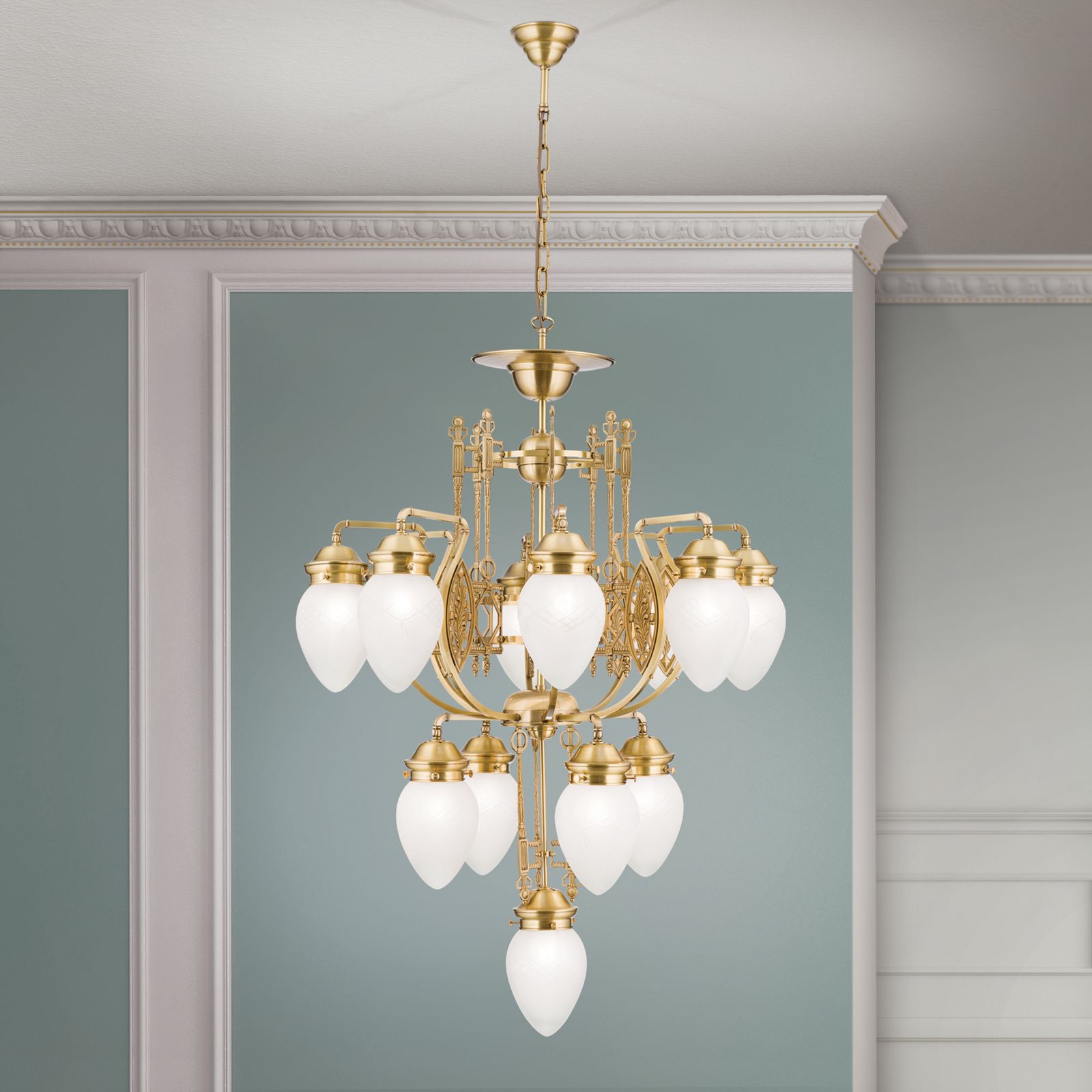 Chandelier BUDAPEST, 13-flames, bronze, with clear frosted glass