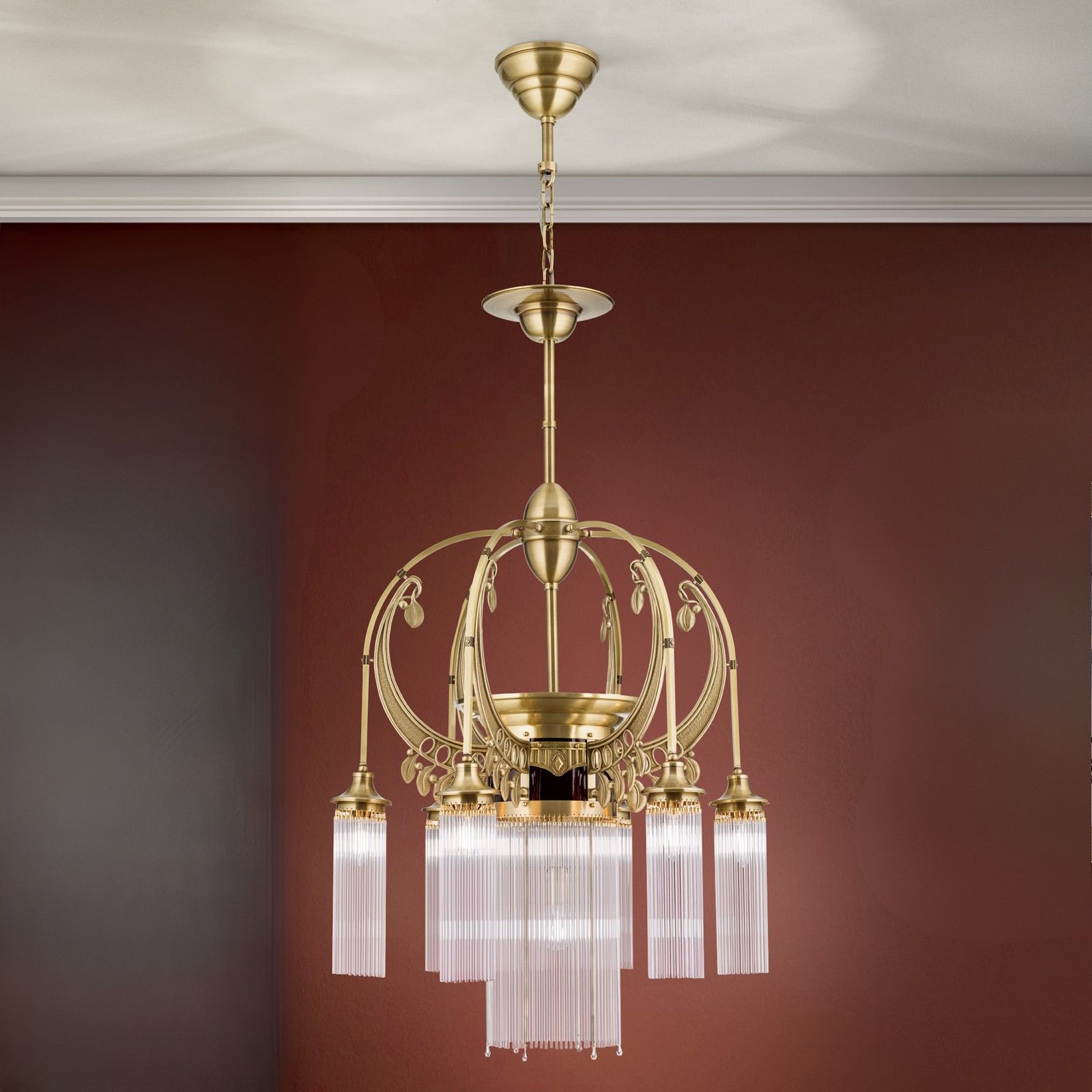Chandelier ADELE, 7-flames, old brass, with glass rods
