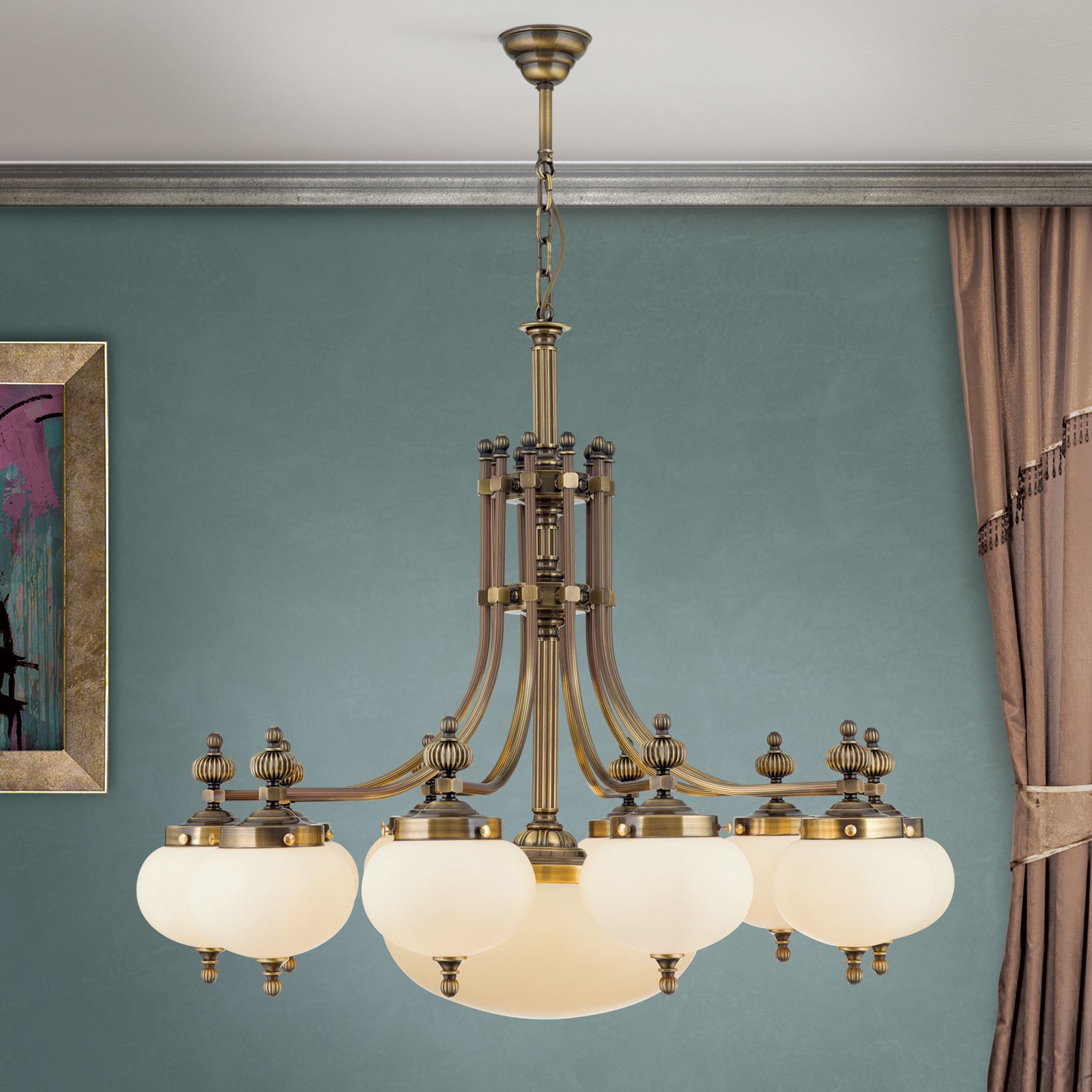 Chandelier WIENER NOSTALGIE, 10+1 lamps, antique brass finish, downwards, shiny champagne glasses