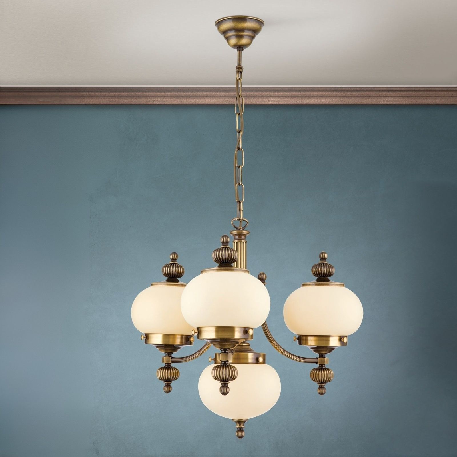 Chandelier WIENER NOSTALGIE, 3+1 lamps, antique brass finish, upwards, champagne coloured glasses