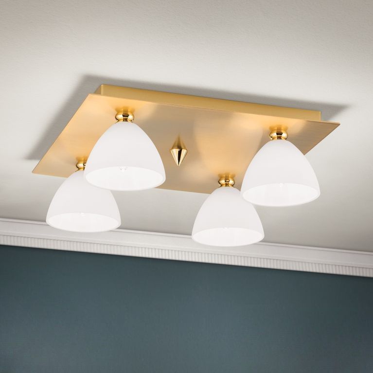 Ceiling light OPALDESIGN, 4-flames, gold matt, with opal glass