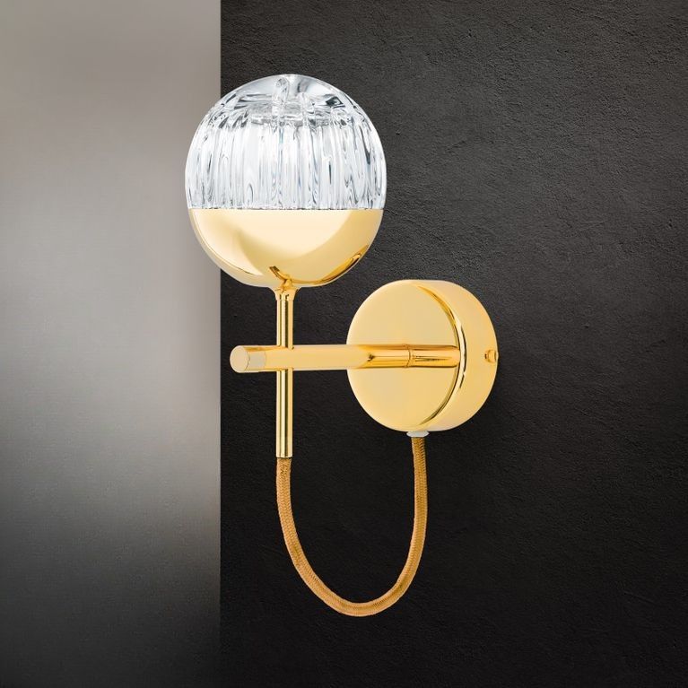 Wall light BALL, gold, with golden decorative cable and clear crystal glass in line cut