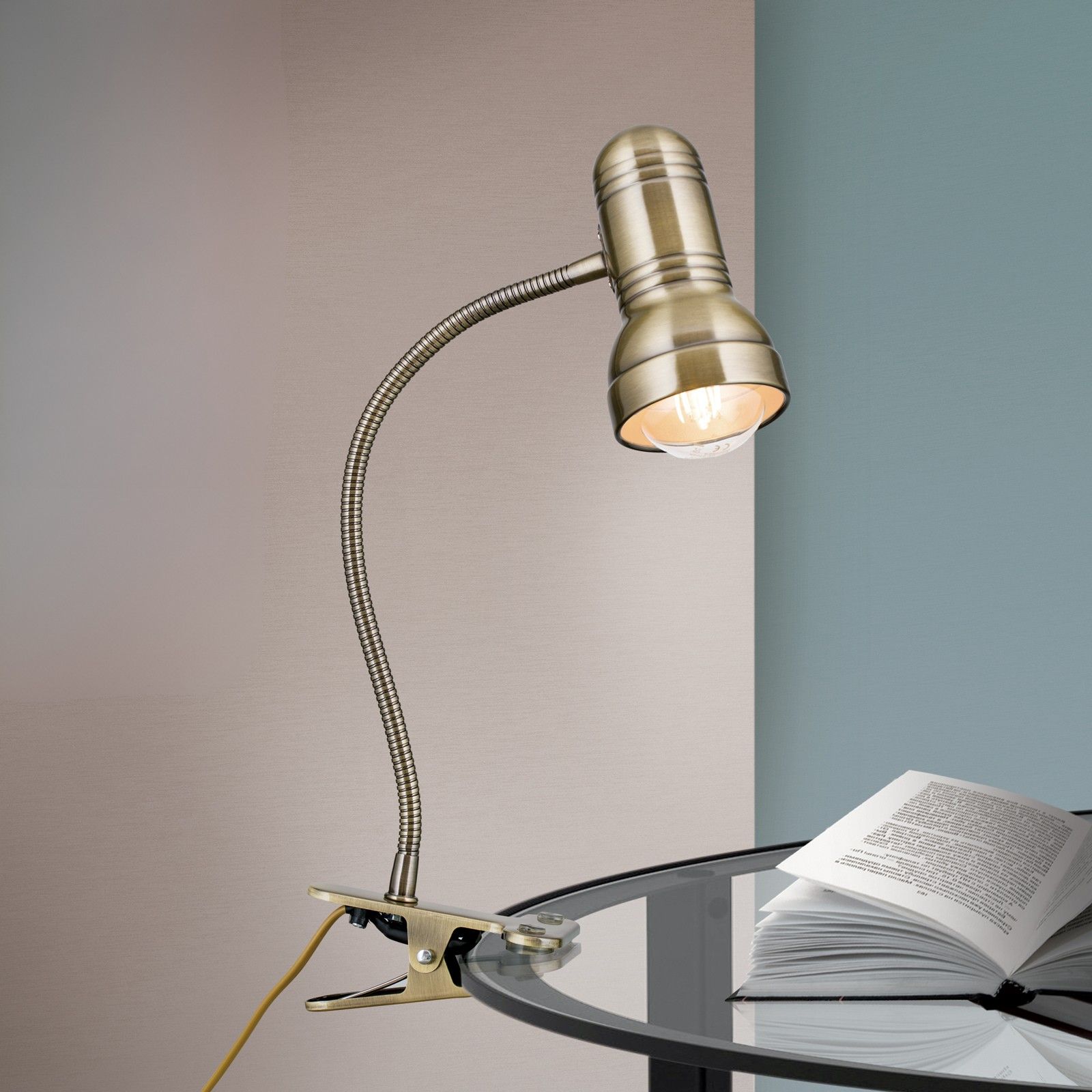 Clamp-on spotlight WILHELM, antique brass finish with gooseneck