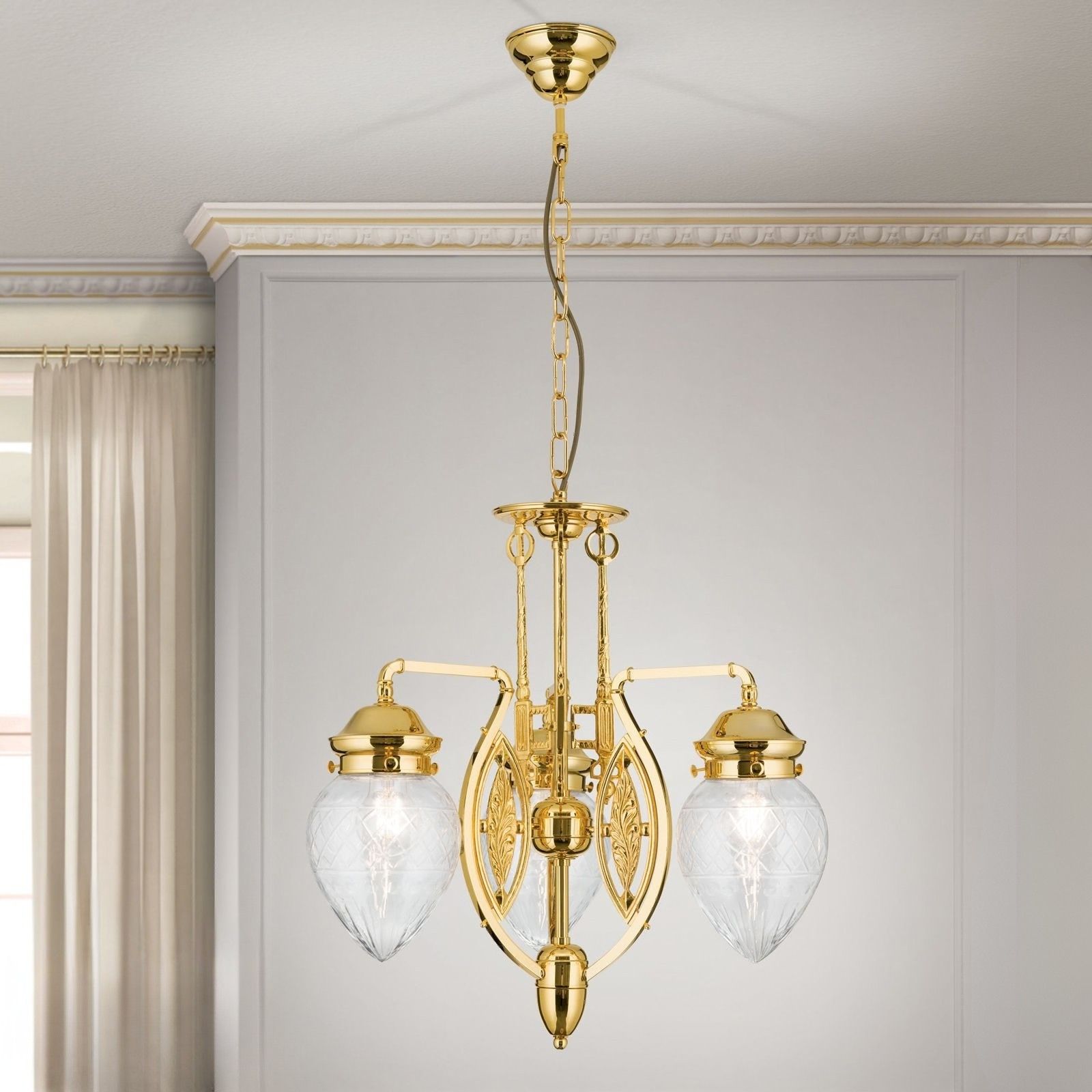 Chandelier BUDAPEST, 3 lights in 24K gold plated finish with clear cut glasses