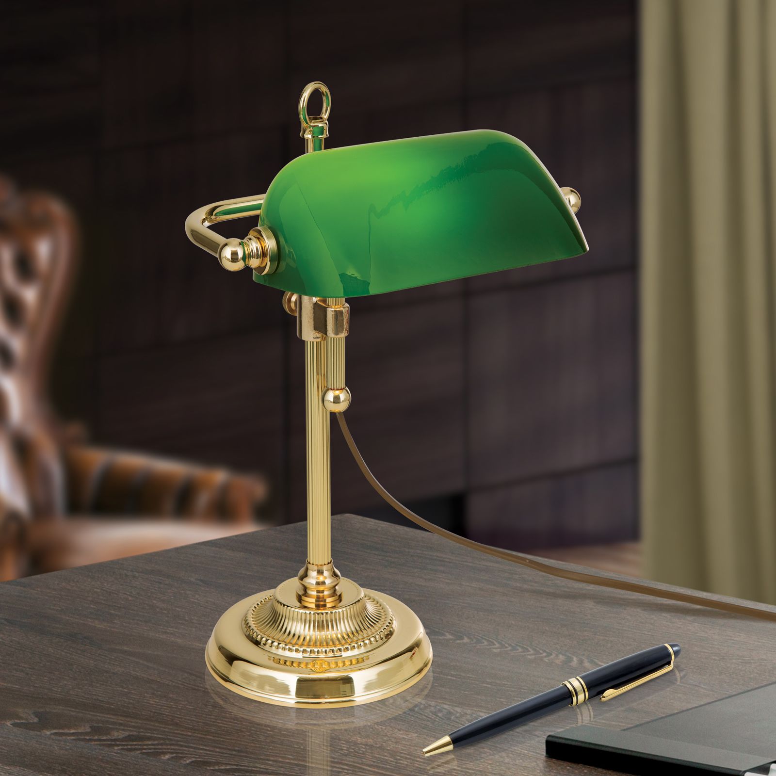 Bench lamp HARVARD, brass with green glass shade, 53cm, Shiny Brass