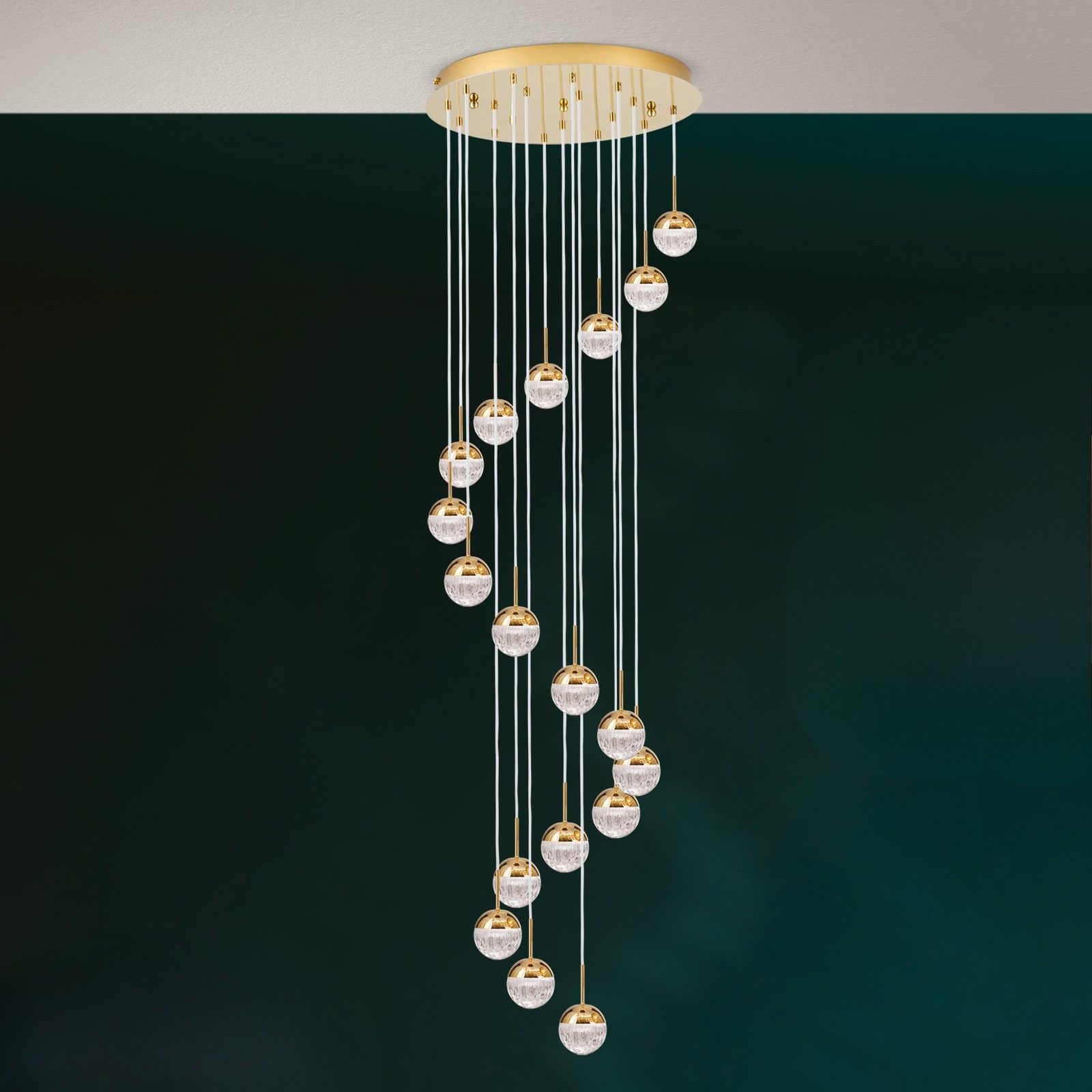 Spiral chandelier BALL, Ø 60cm, gold, with white textile cable and clear crystal glass in line cut.
