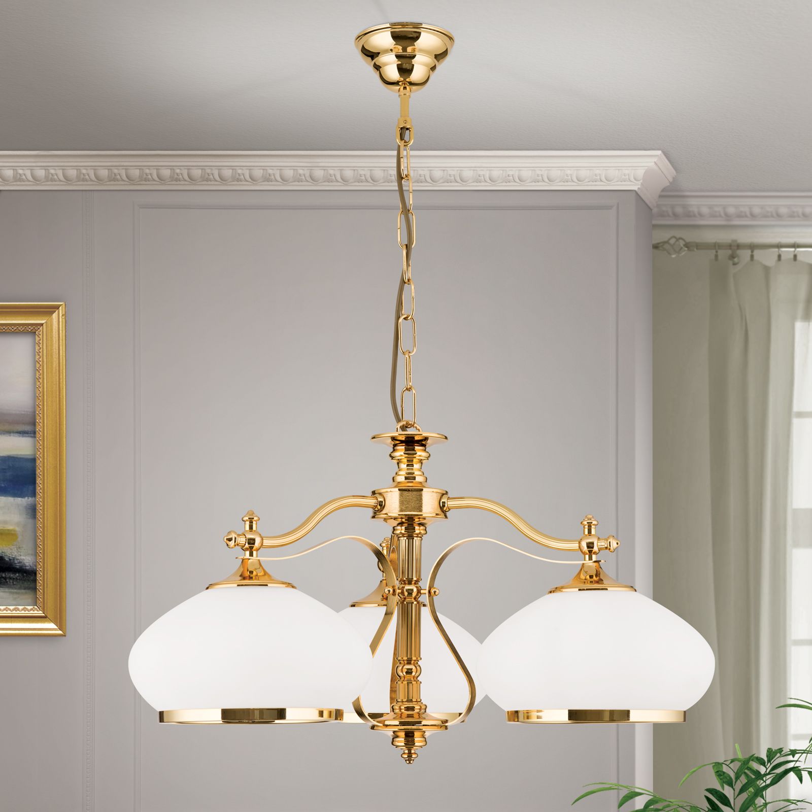 Luster EMPIRE, 3-flammig, Gold, mit opal goldenen Gläsern