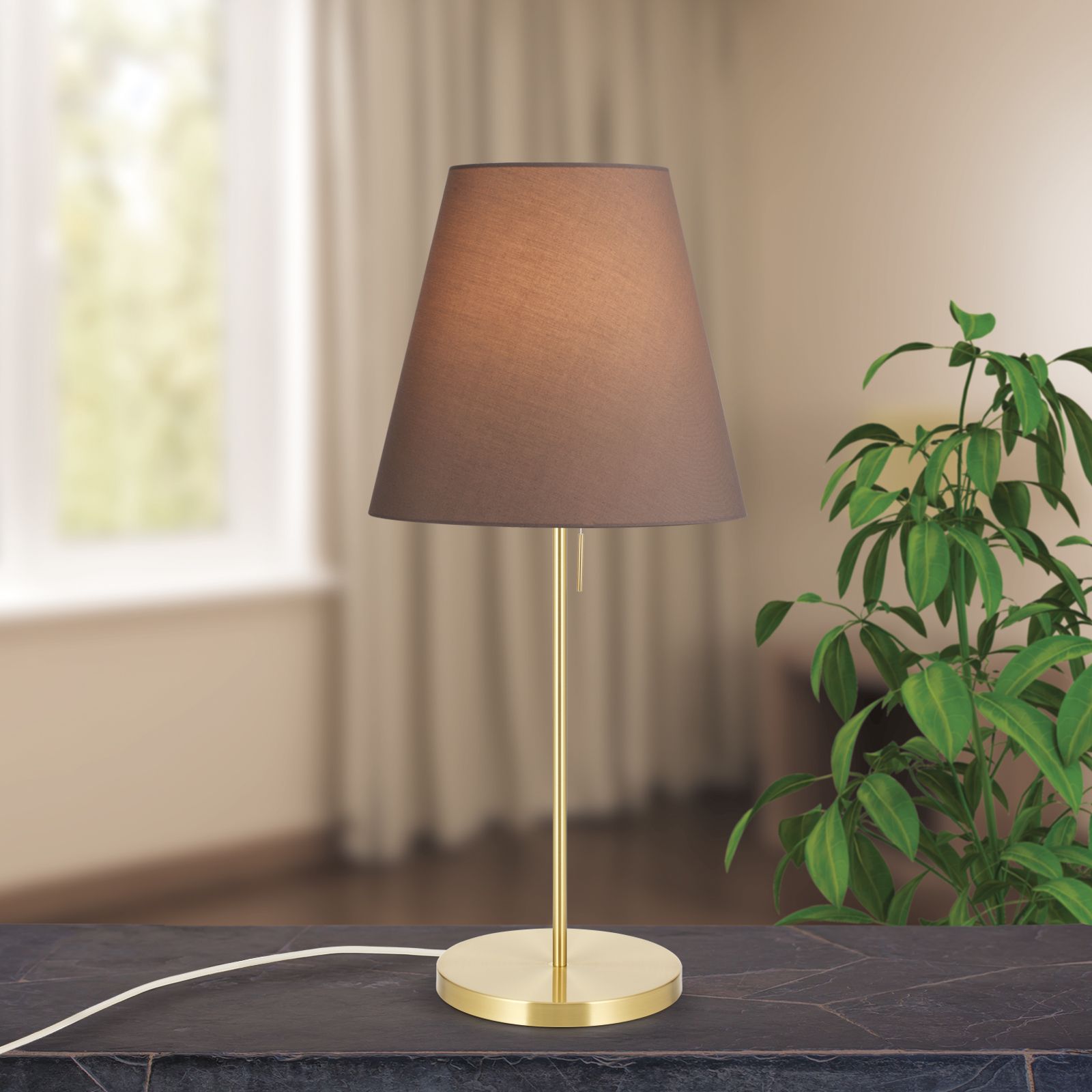 Tischleuchte SHADE, Large, Messing-matt, mit konischem, braunem Schirm