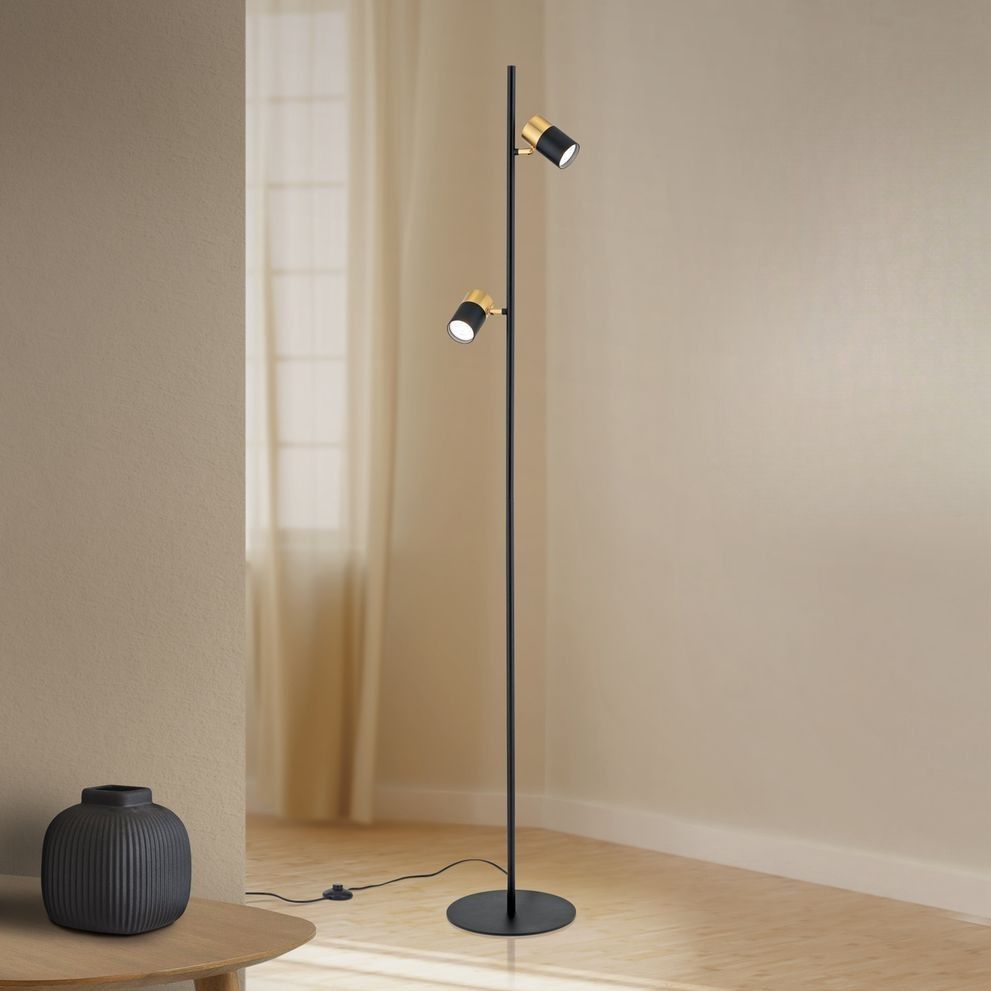 Stehlampe KEVIN, Schwarz-Gold, zwei schwenkbare Leuchtenköpfe