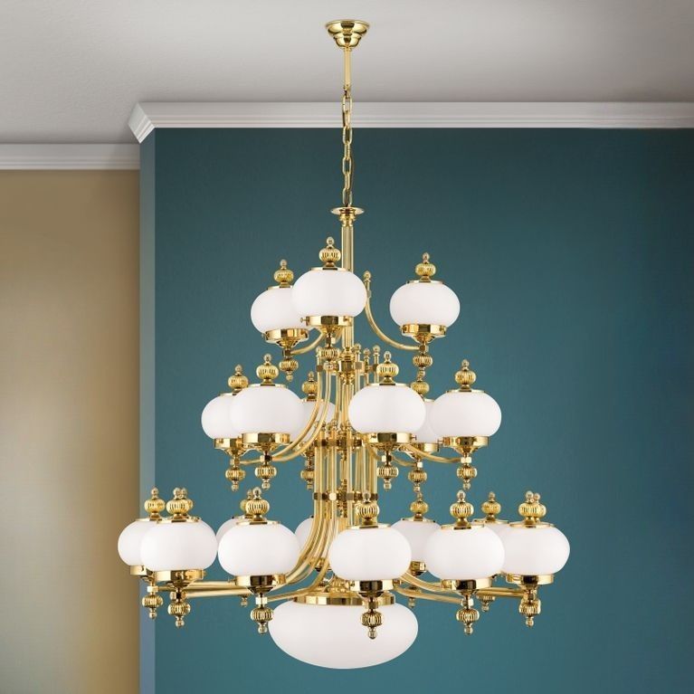 Chandelier WIENER NOSTALGIE, 22-flames, shiny brass, with opal matt glass, upwards