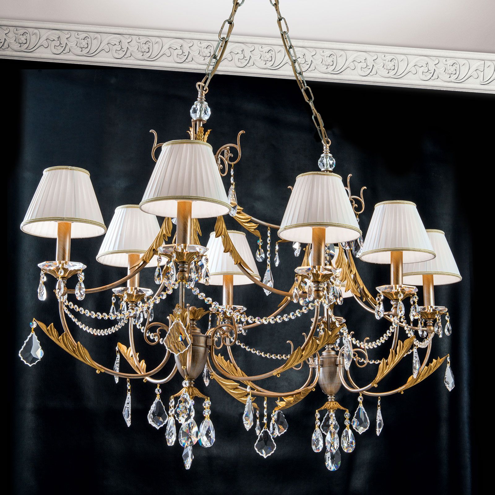 Chandelier MIRAMARE, 8-flames, silver gold, with white organza shades