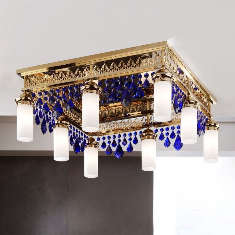 Deckenluster ORIONtal, 8-flammig, Gold, mit blauen Kristallpendeln
