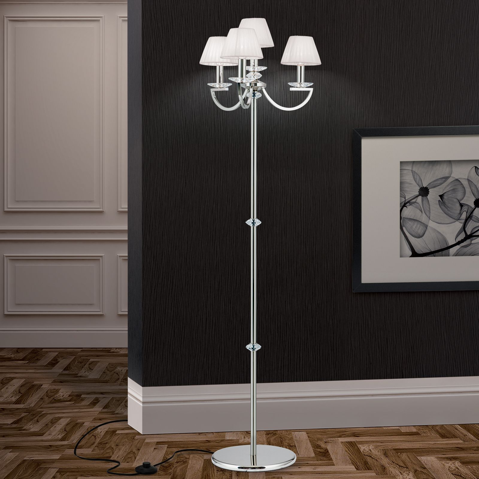 Floor lamp AVALA, 4-flames, nickel with white shades