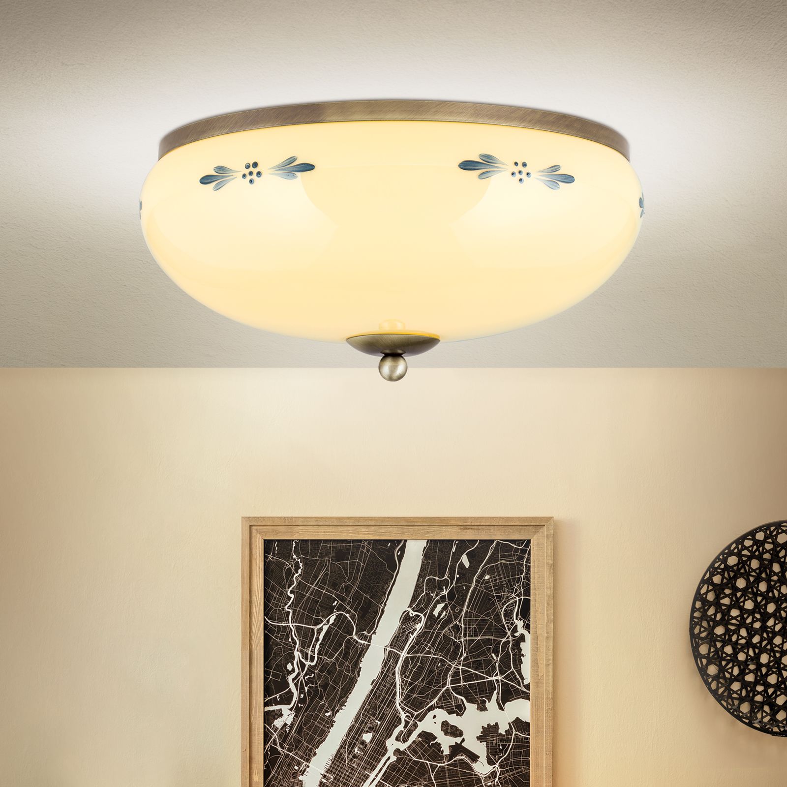 Deckenleuchte LANDHAUS, Patina, mit blauem Dekor, mit Knopf, Ø 35cm