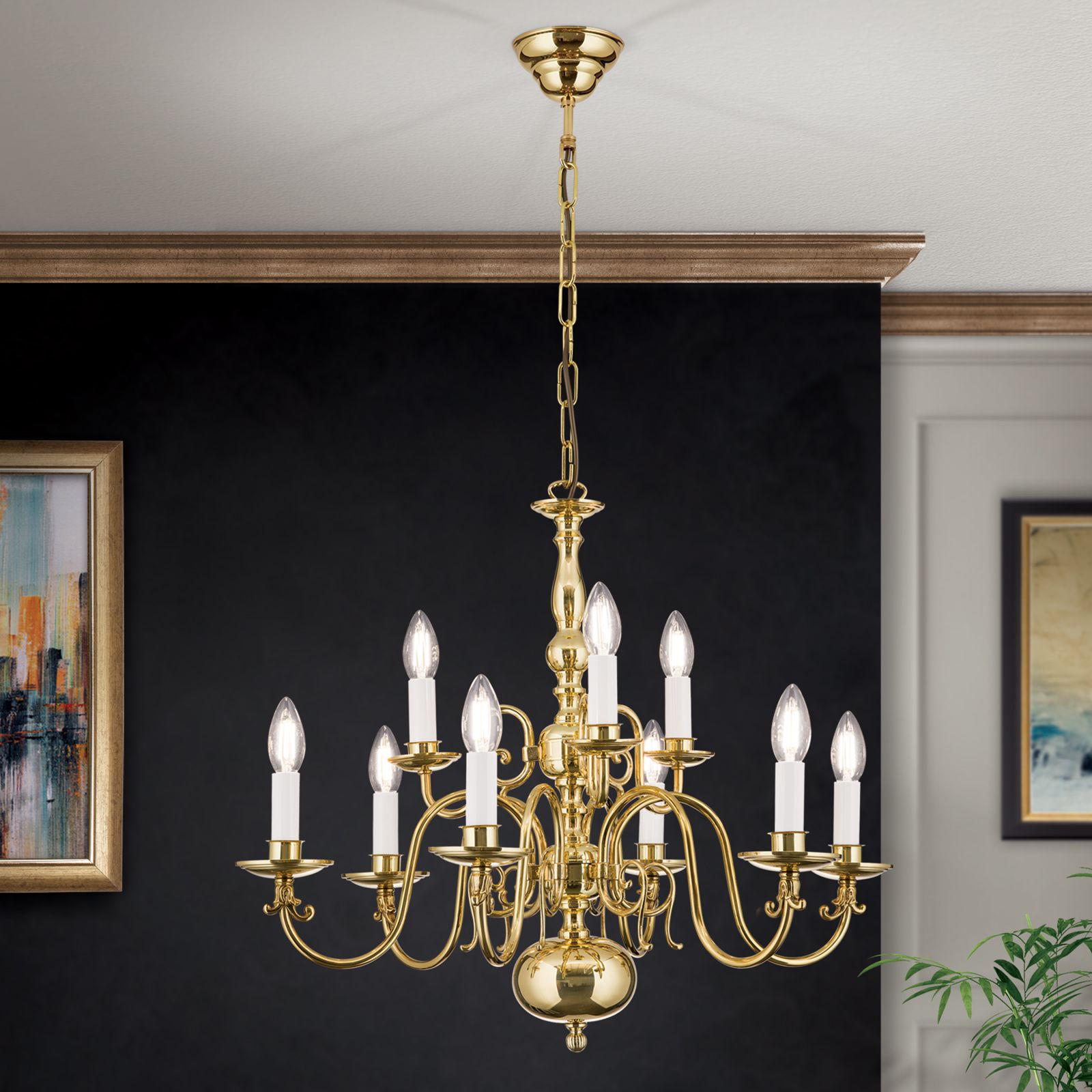 Chandelier FLÄMISCH, 9-lamps, shiny brass