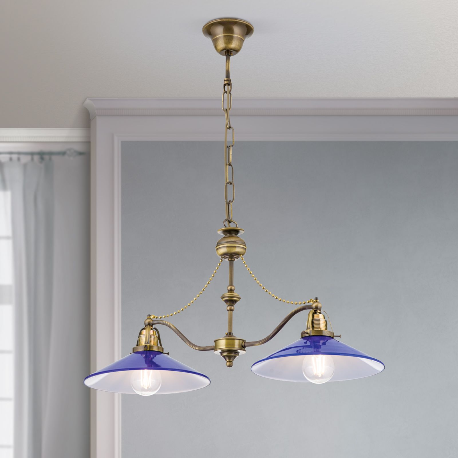 Chandelier ARTDESIGN in Antique Brass finish, blue glasses, 2 lamps