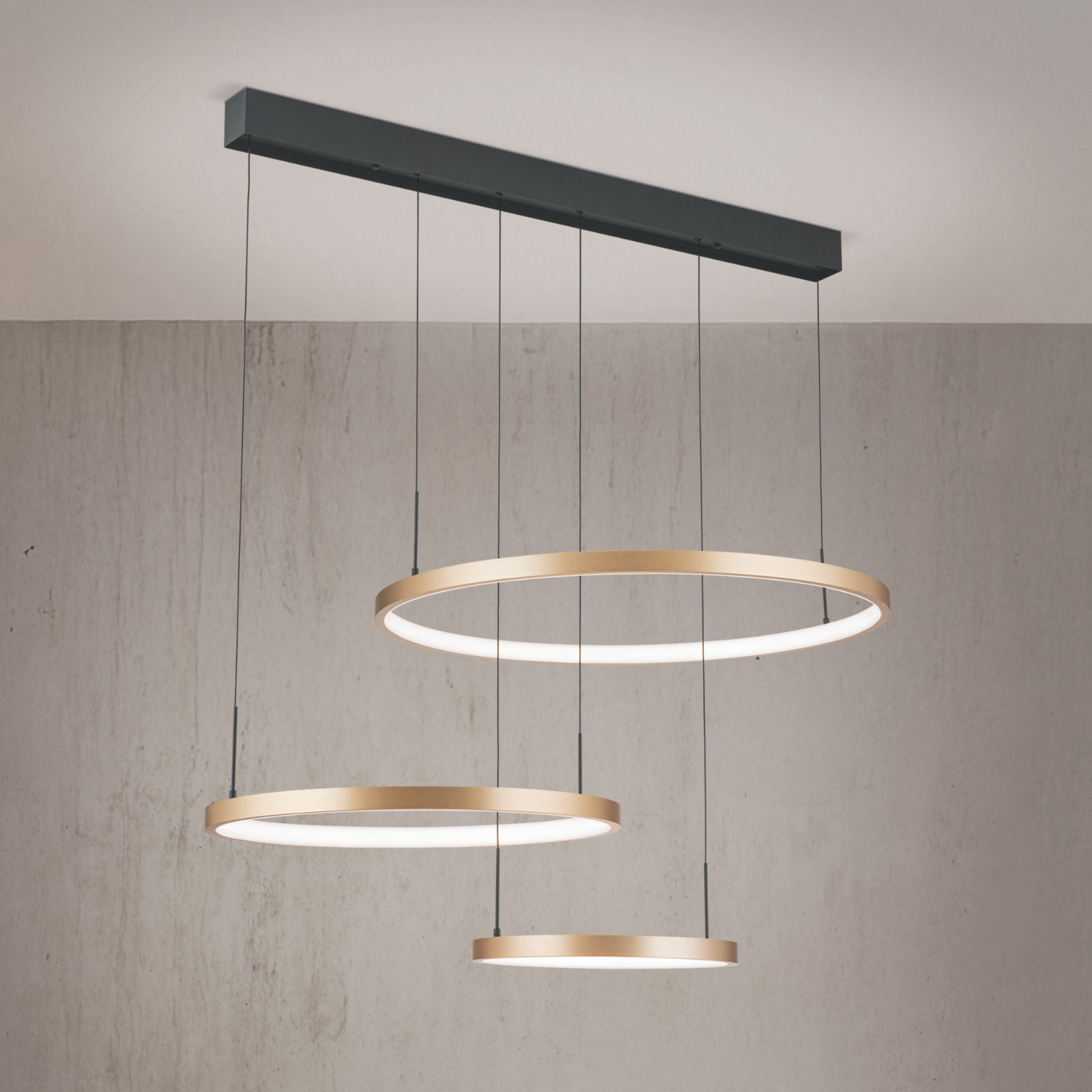 LED závěsné svítidlo SPHERE, matné zlato, se 3 světelnými kroužky