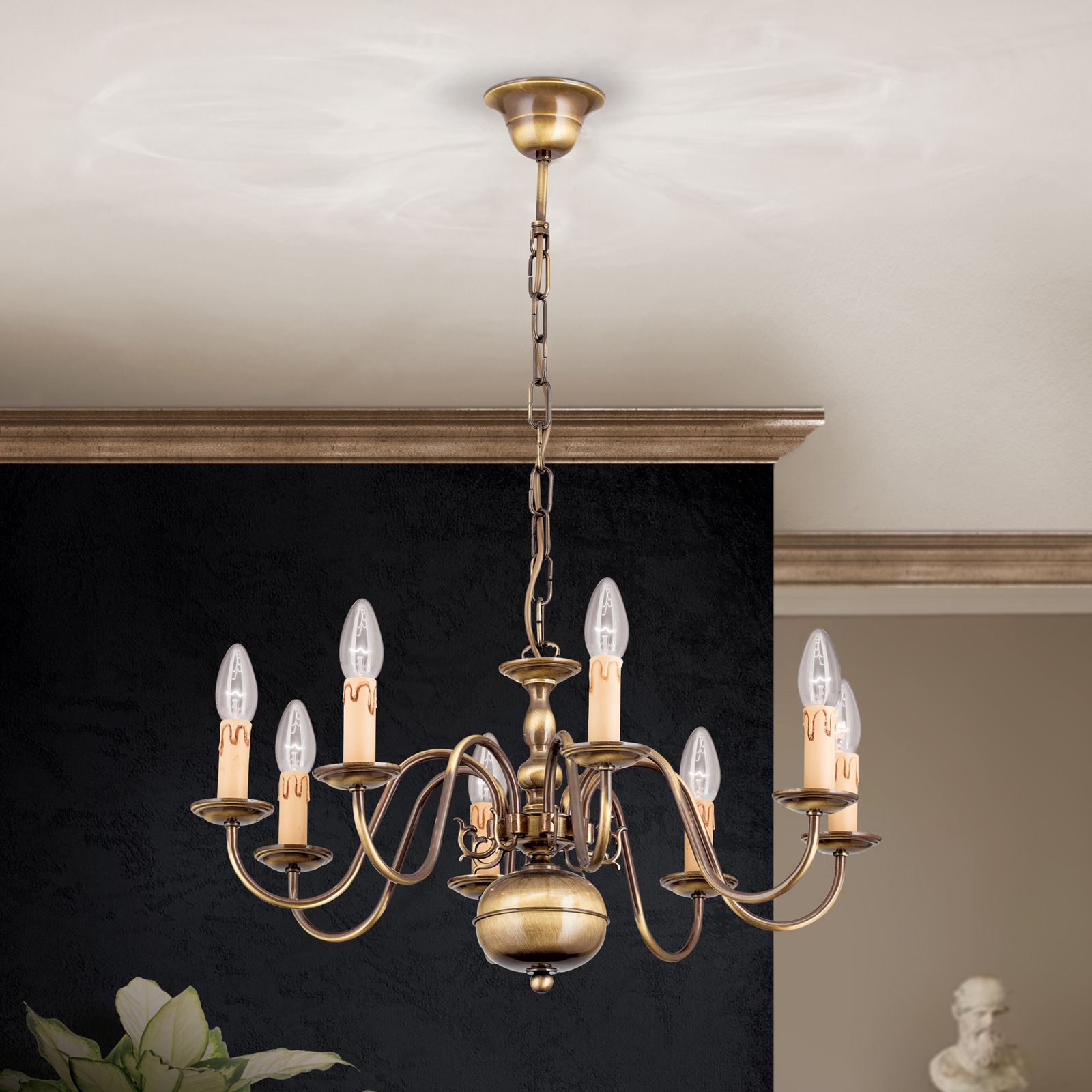 Flemish Style chandelier, 8 lamps, Antique Brass finish