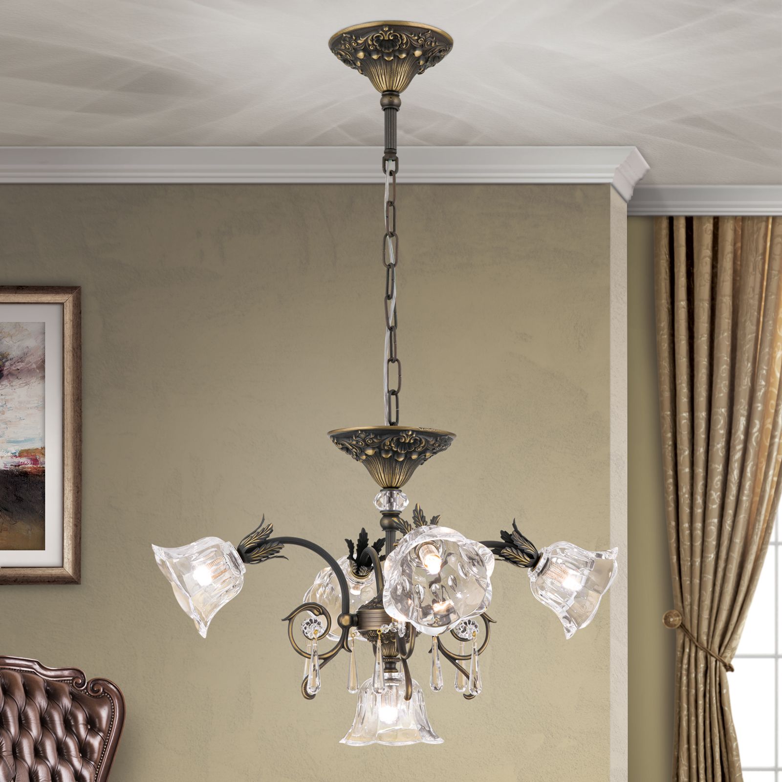 Chandelier LA BOHEME, 5-flames, old patina