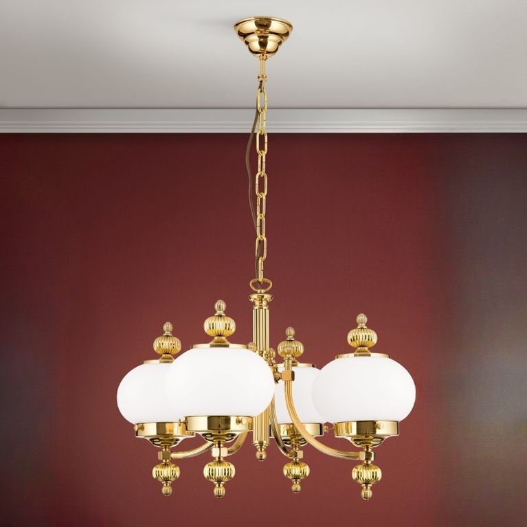 Chandelier WIENER NOSTALGIE, 4-flames, shiny brass, with opal matt glass, upwards